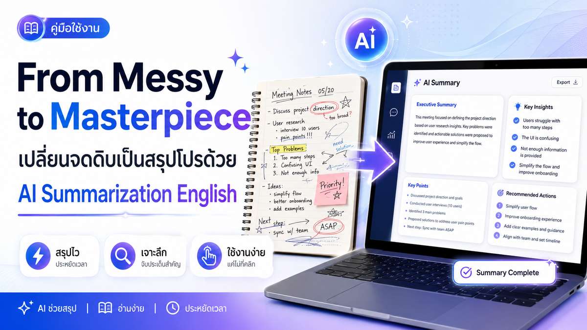 From Messy to Masterpiece เปลี่ยนจดดิบเป็นสรุปโปรด้วย AI Summarization English